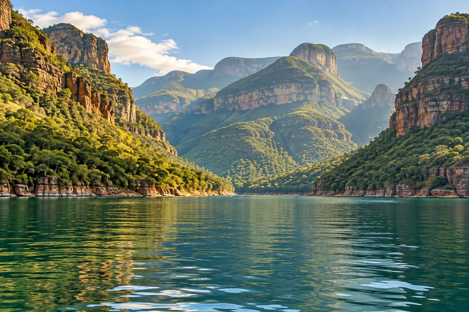 An illustrative boat-level view of green canyon cliffs above the Blyde River dam