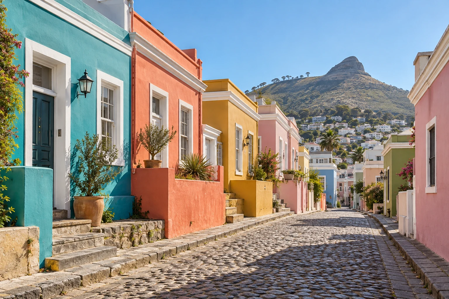 An illustrative street of colourful Cape-style houses below a mountain