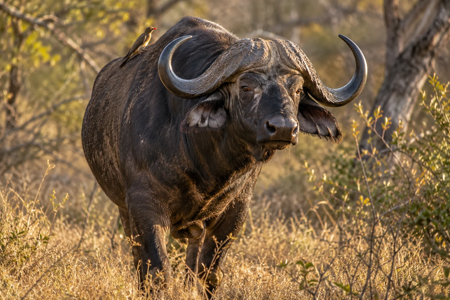 A generated wildlife scene of an African buffalo with an oxpecker in the bushveld