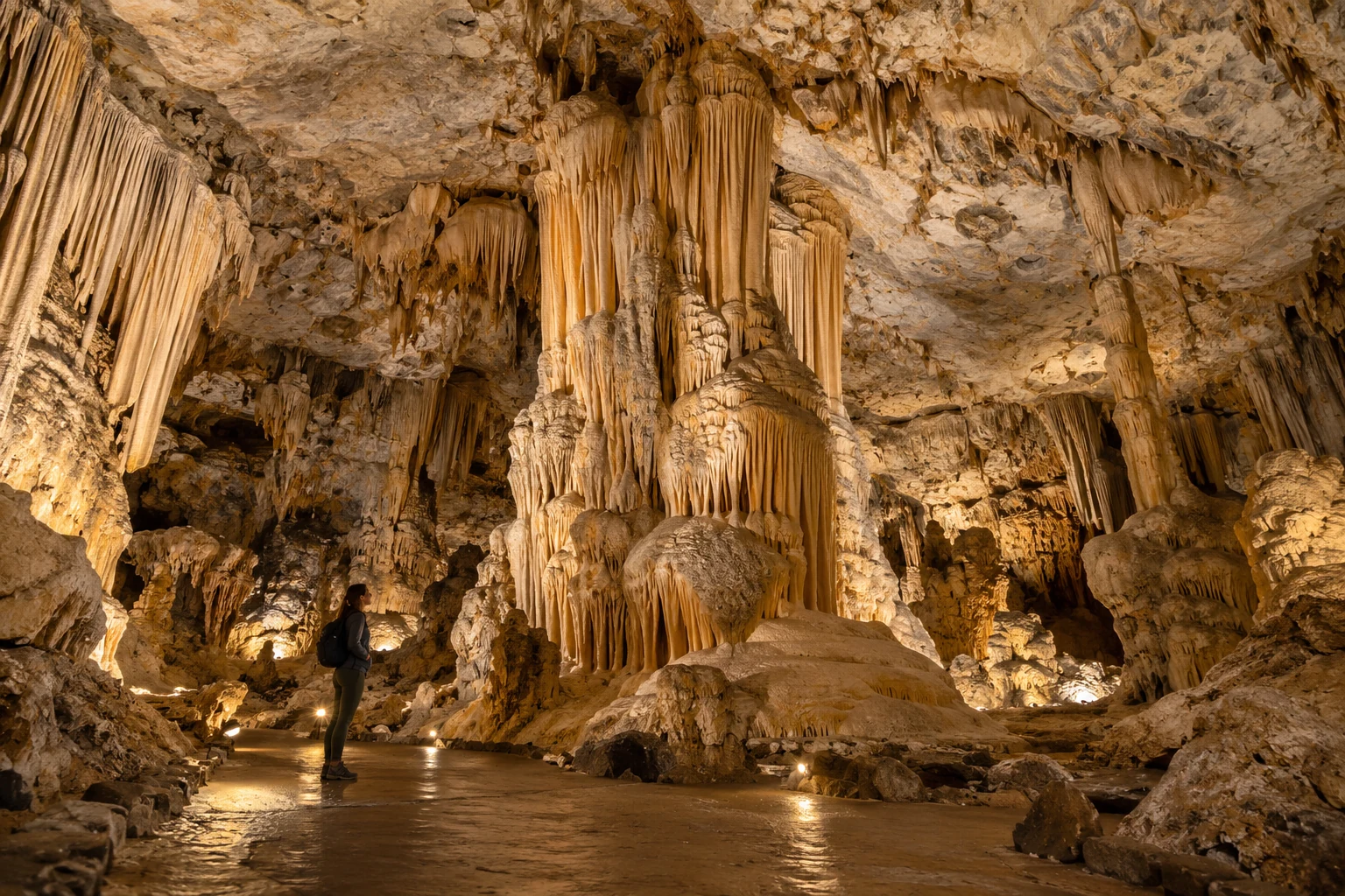 An illustrative limestone cavern with illuminated stalactites and columns