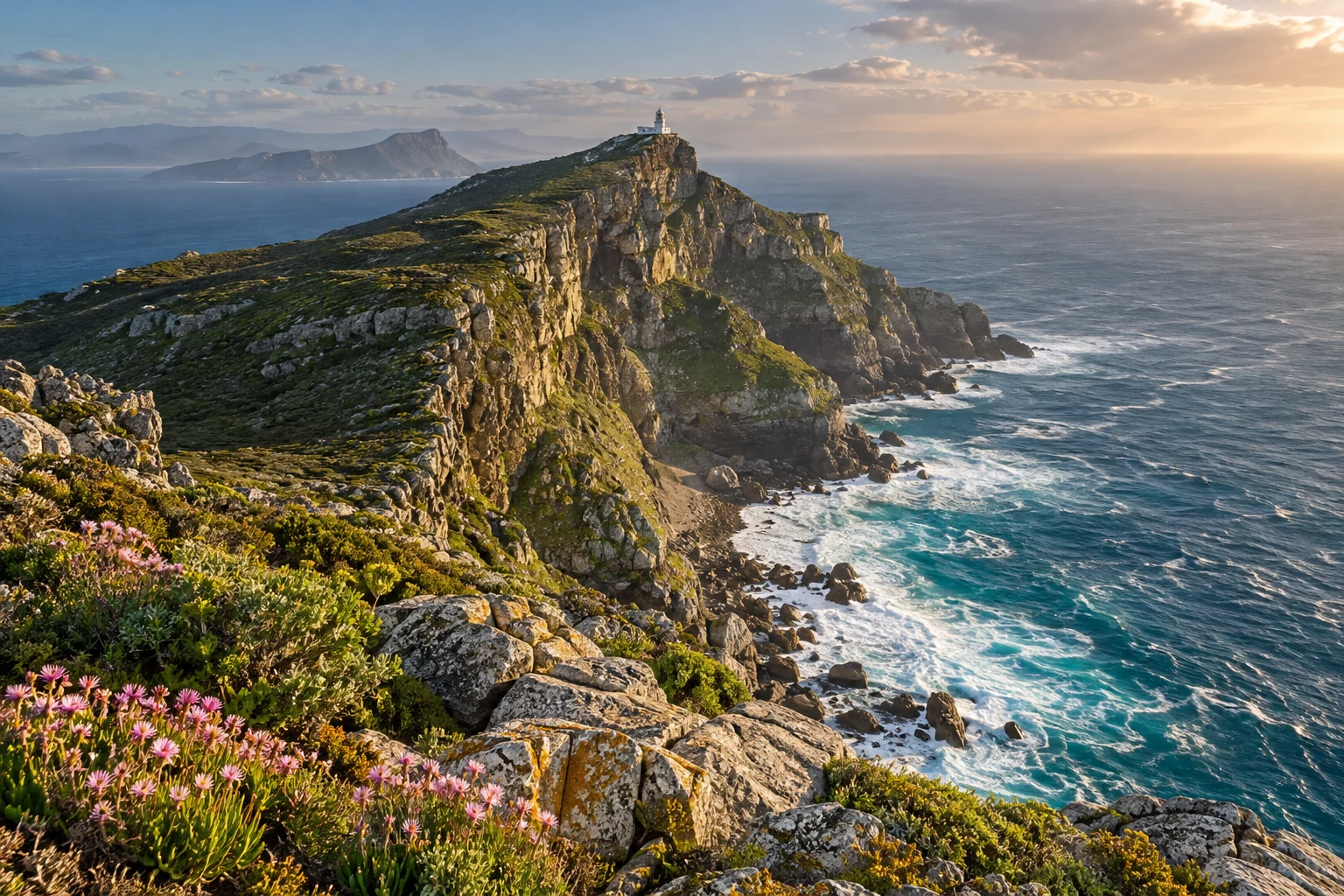 An illustrative Cape peninsula promontory with a lighthouse and Atlantic surf