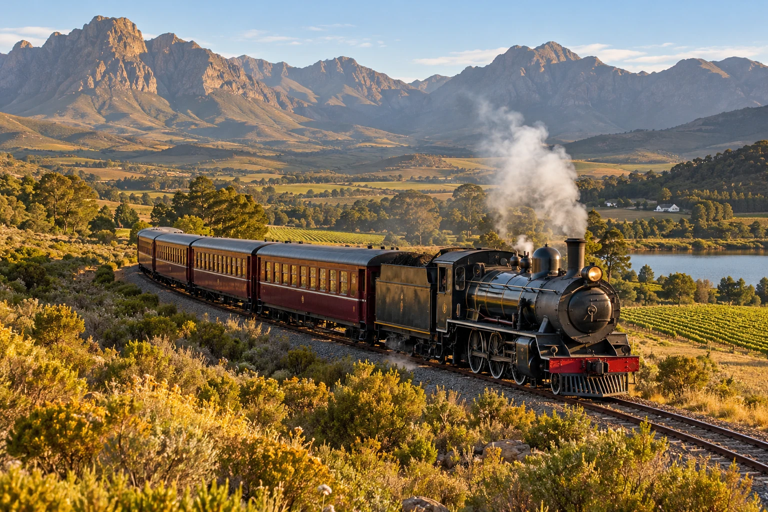 An illustrative heritage steam train in the Cape countryside, not a specific service