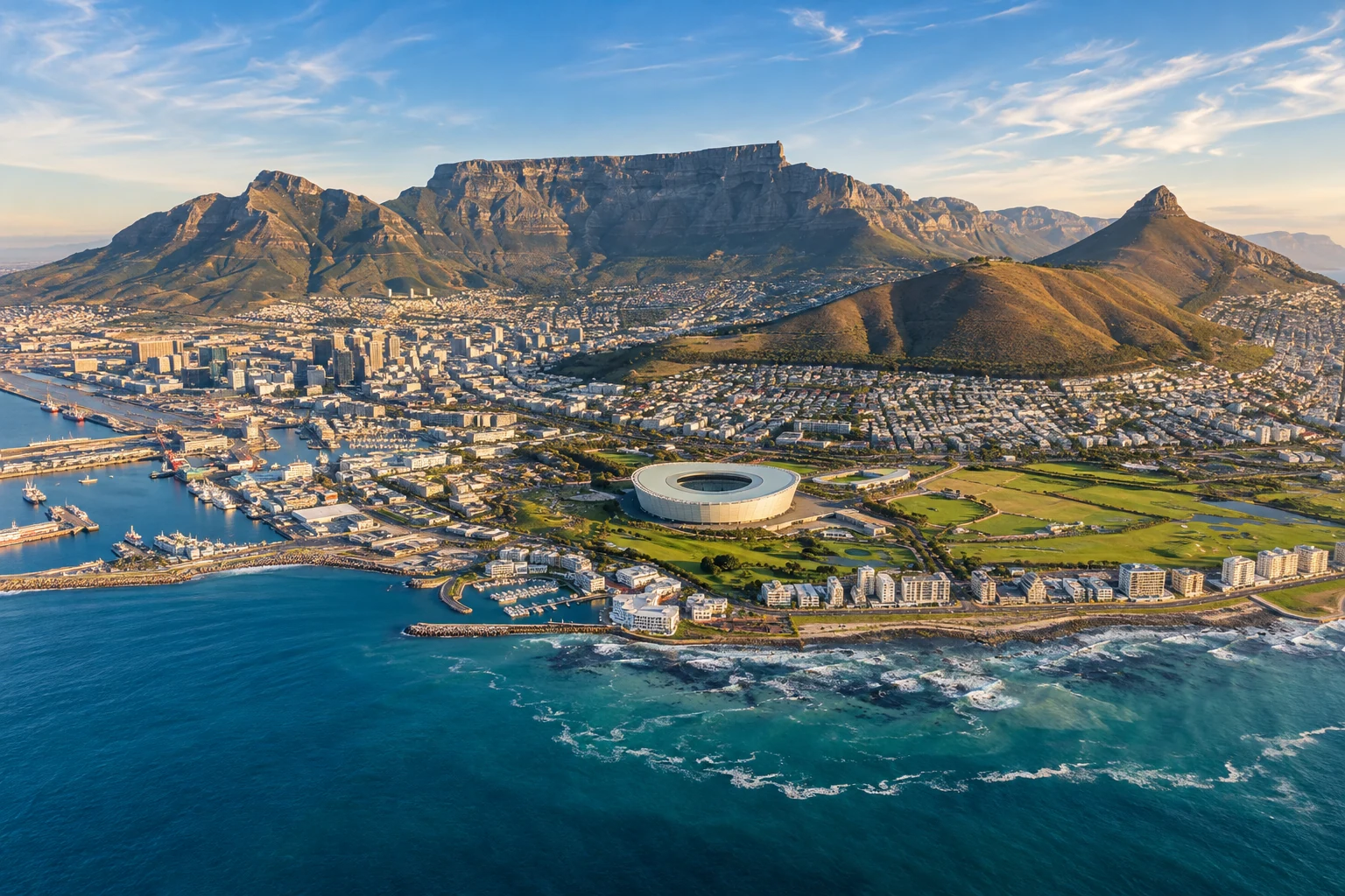 A sweeping Cape Town panorama with Table Mountain and the stadium