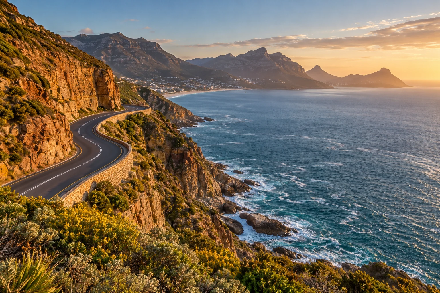 An illustrative Cape coastal road curving above the Atlantic Ocean