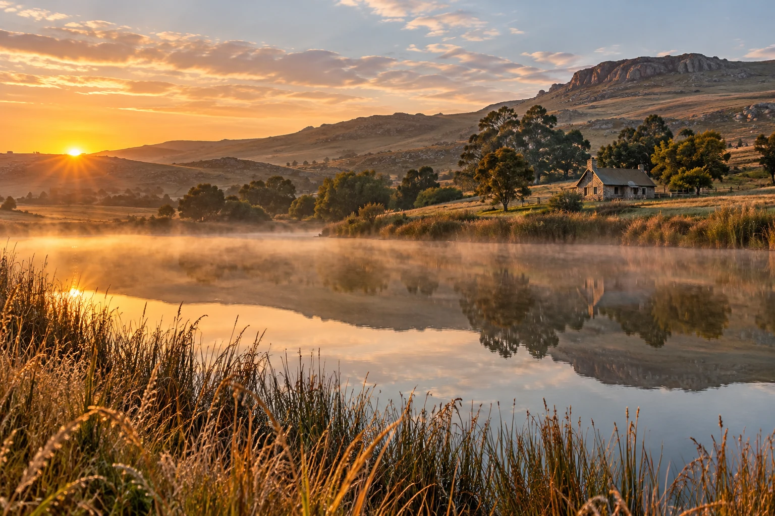 An illustrative Highveld country dam and cottage in the morning mist