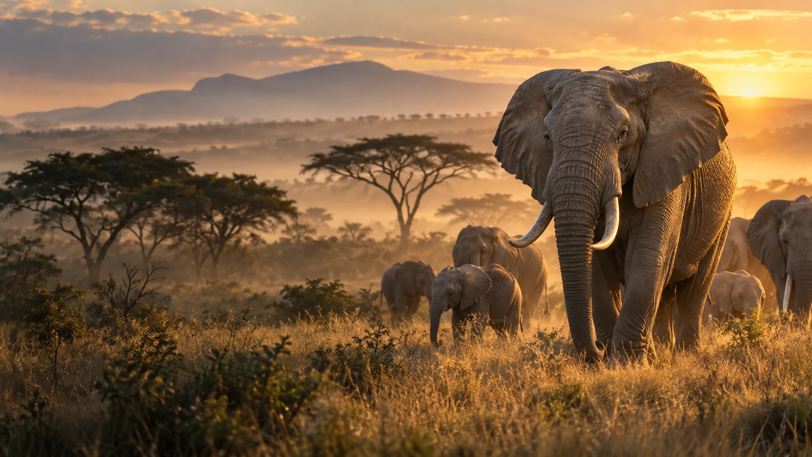 Elephants walking through glowing African savanna