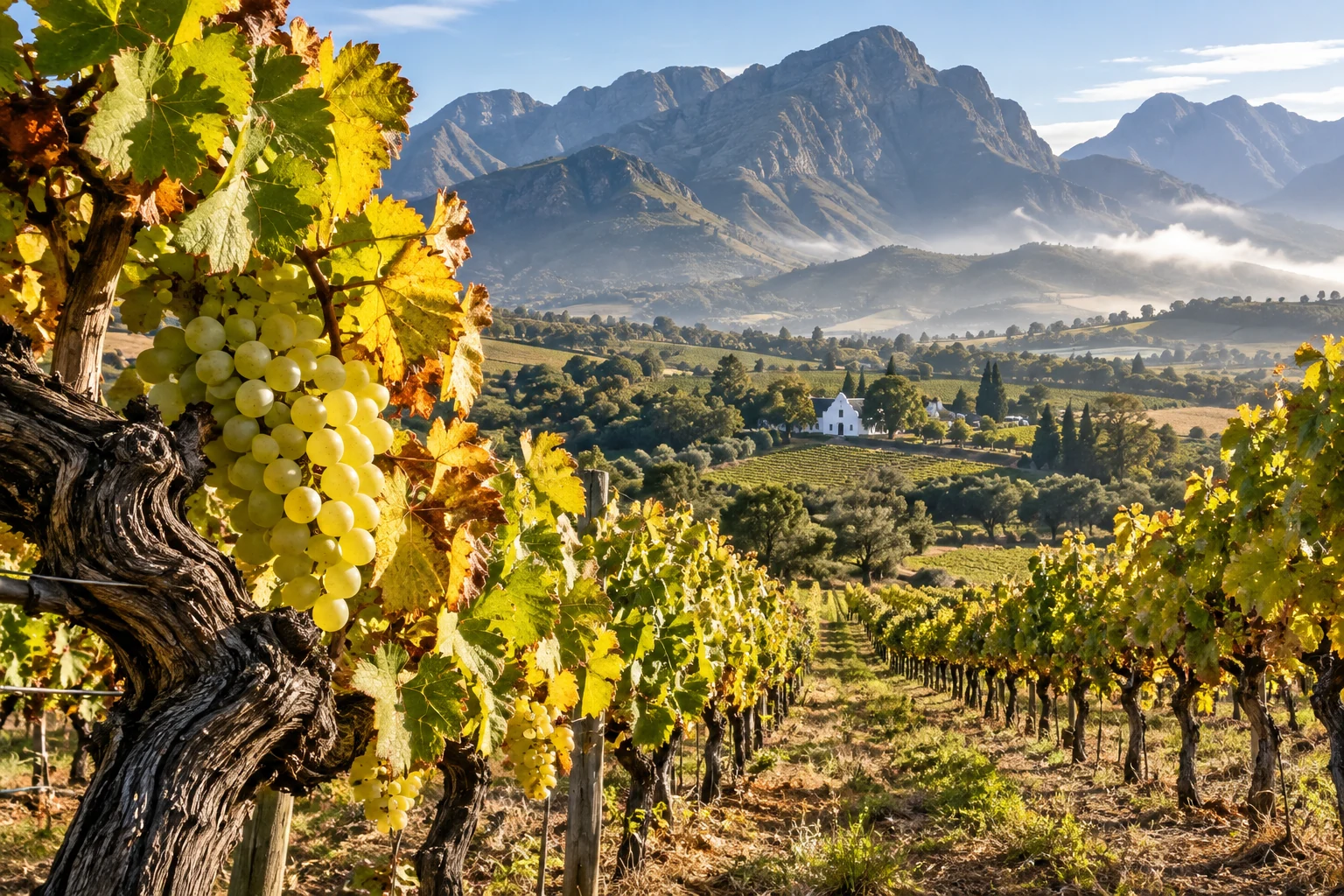 An illustrative Cape Winelands scene with grapevines and mountain scenery