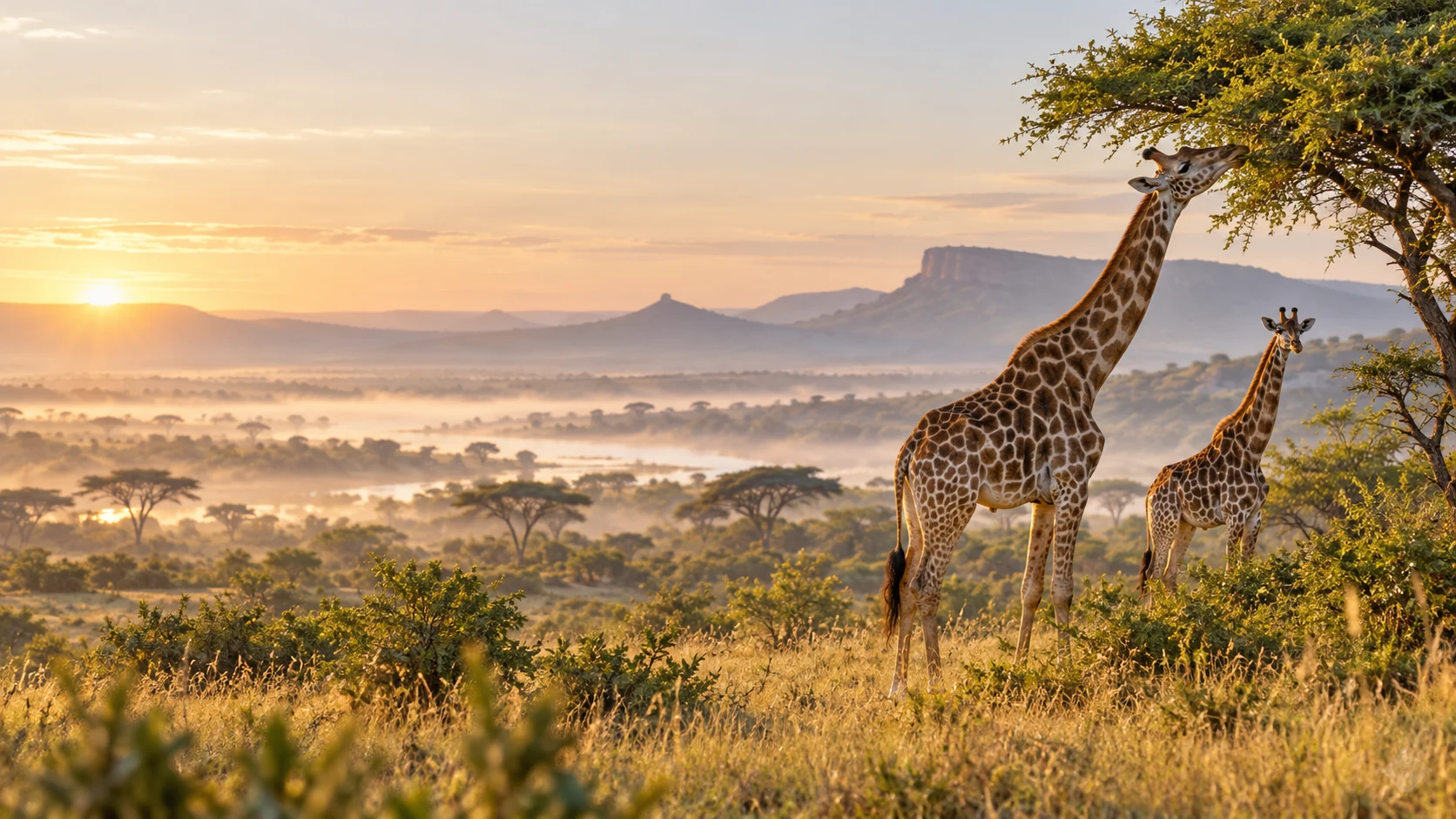 Giraffes among acacia trees