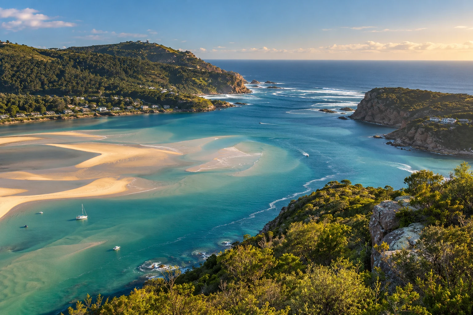 An illustrative view of the Knysna estuary opening between coastal headlands