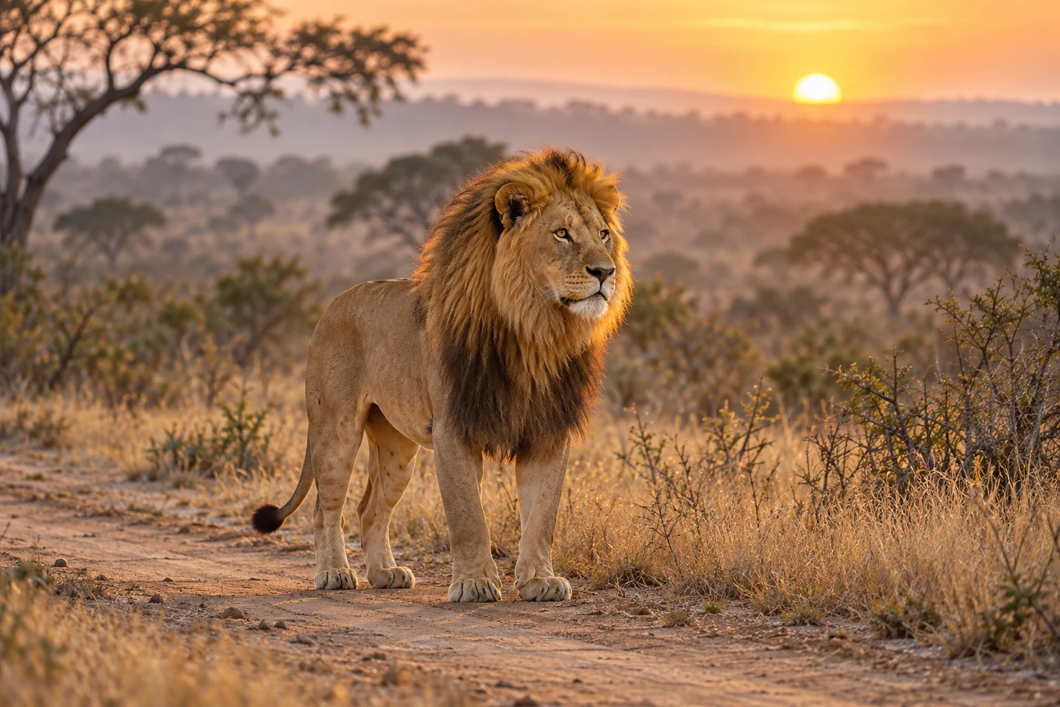 A generated wildlife scene of a male lion in South African bushveld at dawn