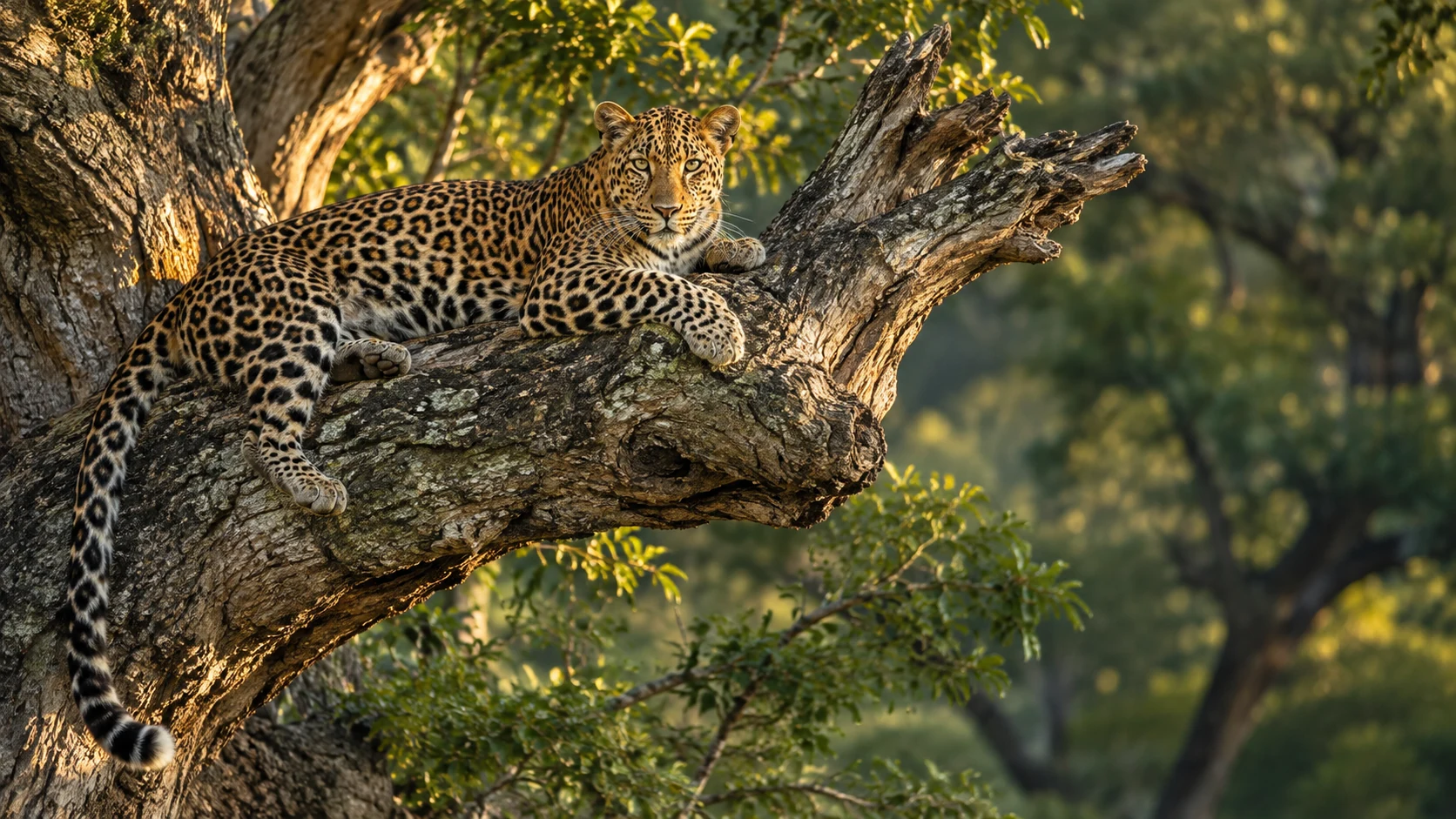 A leopard resting on a broad tree branch