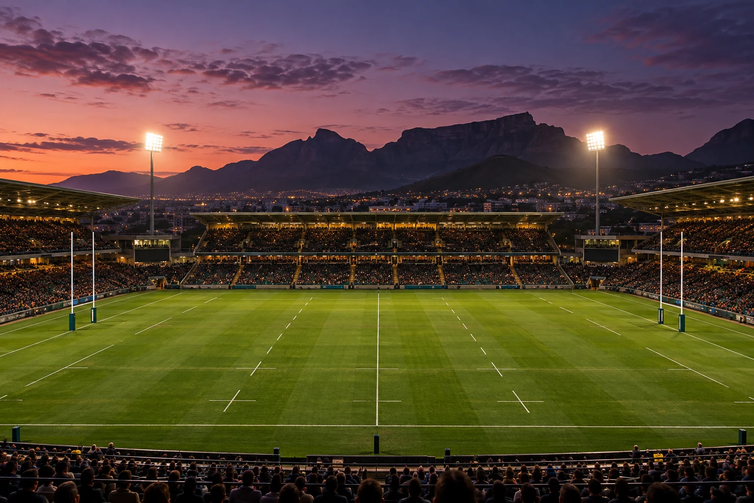 An illustrative unbranded rugby ground under floodlights, not a specific venue or fixture