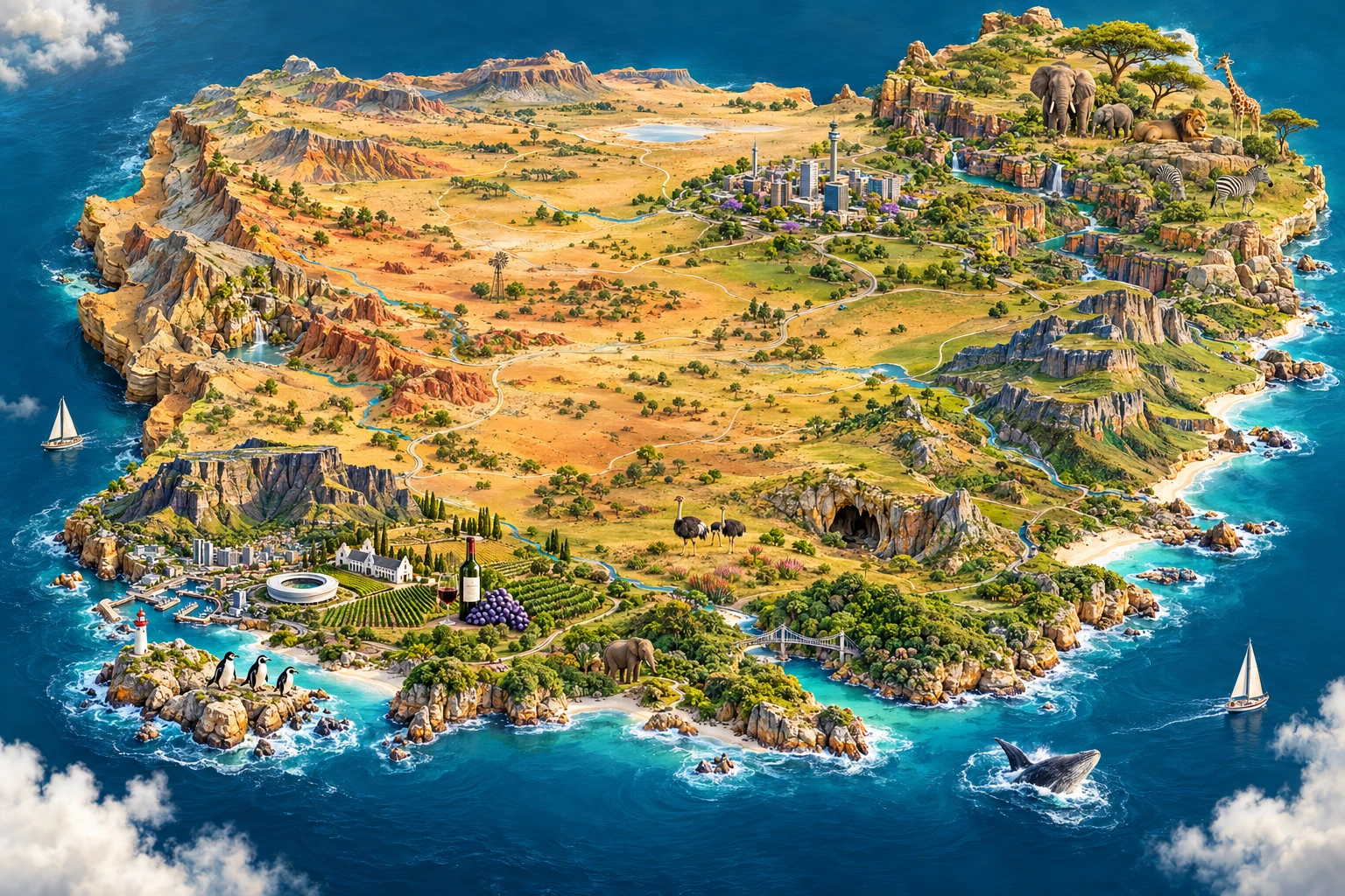 A sculpted illustrated South Africa with Table Mountain, vineyards, penguins, Garden Route forests and bridge, inland caves, a skyline and Kruger wildlife