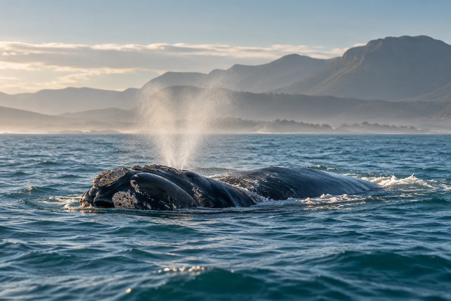 An illustrative wildlife scene of a southern right whale surfacing in Cape coastal waters