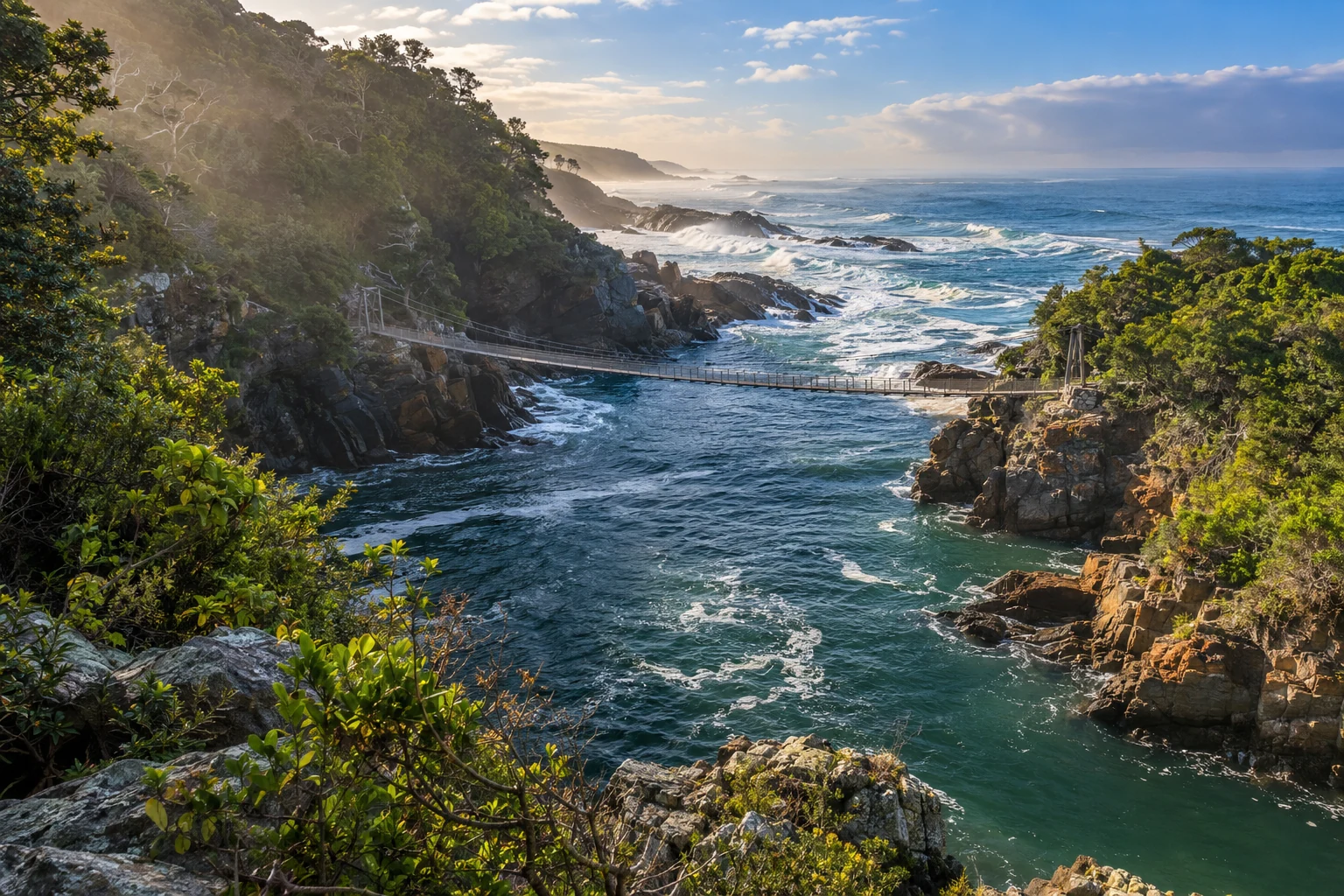 An illustrative view of a suspension bridge over a forested South African river mouth