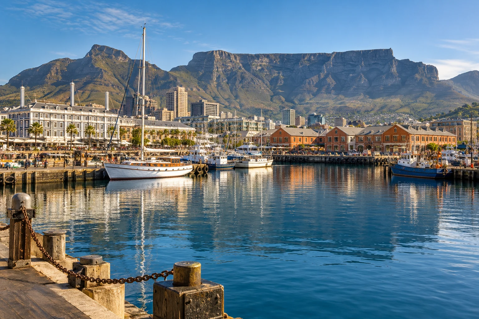 An illustrative Cape waterfront harbour with boats and Table Mountain beyond