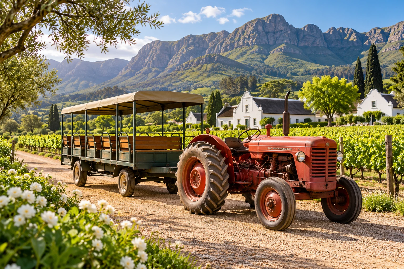 An illustrative tractor and visitor trailer in Cape vineyard scenery