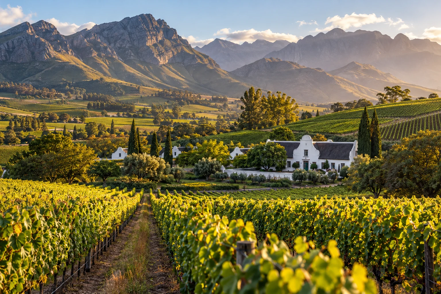 Vineyards, Cape Dutch architecture and mountain scenery