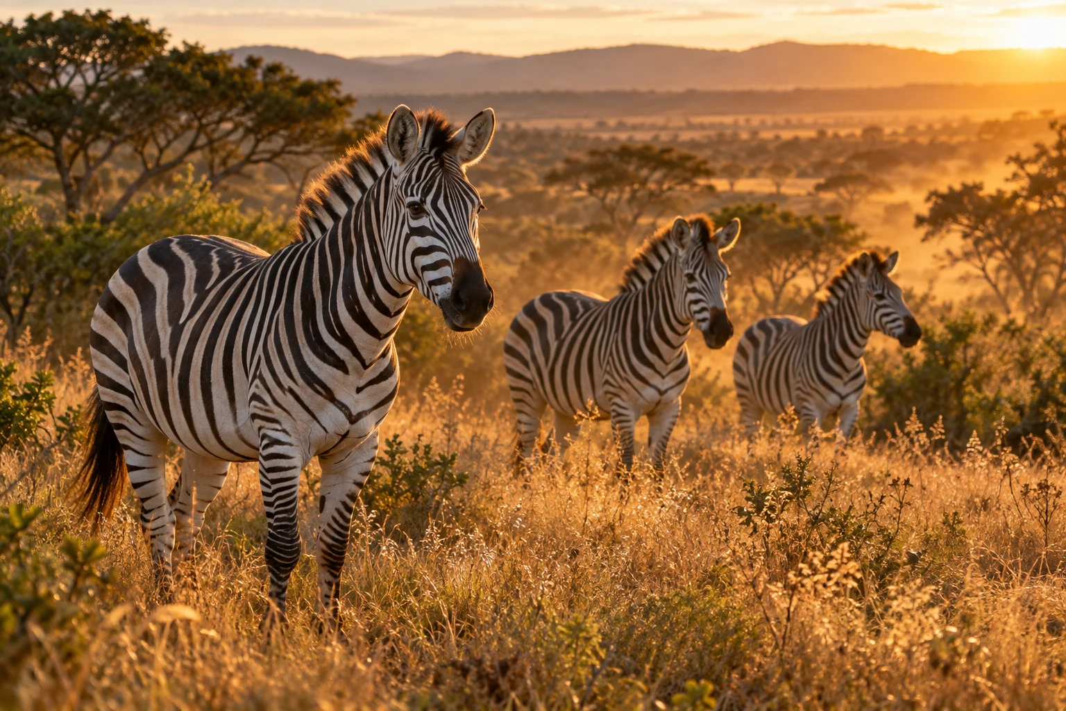 Zebras in golden savanna grass
